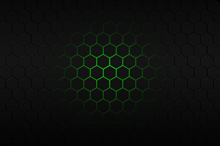 black hexagon and green neon light background and textureの写真素材