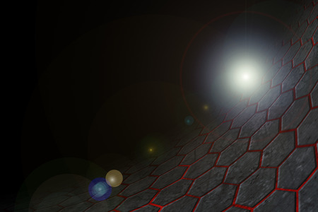 black and red hexagon background and lens flare with real texture. perspective design. 3d...