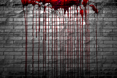 bloody brick wall  in the dark for horror content and halloween festival. 3d illustration.の写真素材