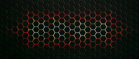 dark green hexagon background and red light with real texture. 3d illustration.