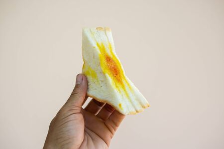 A hand holding a sandwich