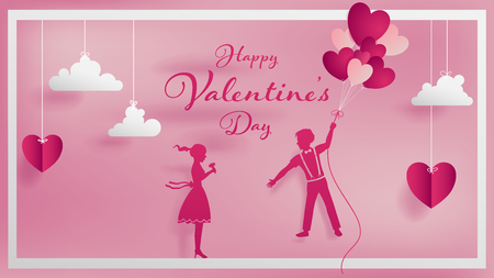 Paper art concept of Valentine contain text Happy Valentine's Day,boy try to take girl hand in to his balloon hearts as his loving mind,soft pink background,paper cloud and heart style, and border.のイラスト素材