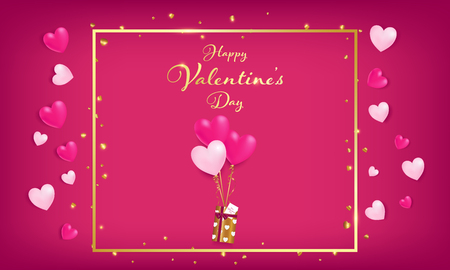 pink board with gold border and valentine's day sale text ,golden heart glitter drop beside border ,balloons tie to gift box, artwork usage in advertising decorative or cerebrate invitation.のイラスト素材