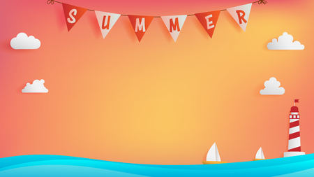 Summer background conception consist of text bunting on top, calm ocean with two boats are on the right beside light house, free space on middle of artwork in the sunset tone color.のイラスト素材