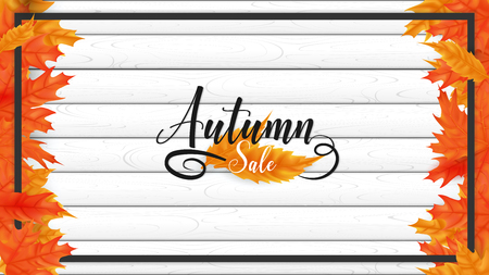 White plank boards are sorting on horizontal side decorate in fall leaves left and right ,rounding by black border ,on the middle included autumn text lettering styleのイラスト素材
