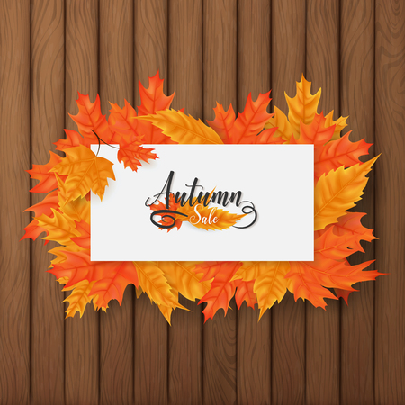 Autumn sale square background included a white board rounding by multiple leaves over the brown plank wood ,middle put a text of autumn themeのイラスト素材