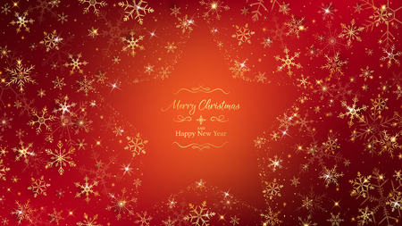 warm grow Christmas background,golden snowflakes around on artwork all of surface lay down gold glitters except middle leave space as a star shape,lettering text get the same theme in luxury sparklingのイラスト素材