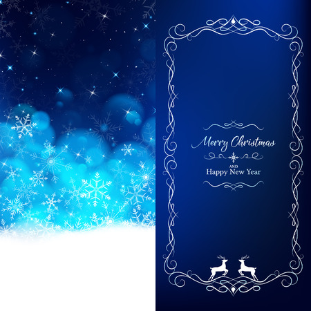Blue Christmas card divide 2 pages such as white snowflakes dropping and light blue bokeh fade out to top,flares and glitter on top look clearly night sky,on right put luxury border and lettering textのイラスト素材