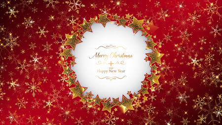 red christmas background frame rounding by star glitters,inside circle has die cut and some example luxury theme text,all of background full of snowflake and glitter are sparklingのイラスト素材