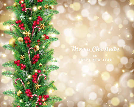 Christmas garland in golden bokeh background conception,it has free space on the right hand side and lettering quote,fairy stars are carrying by the wind twinkle alongのイラスト素材