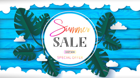 Summer banner in paper craft style all elements are put over blue sky plank of wood such as cloud ,circle banner and monstera leavesのイラスト素材