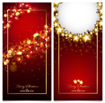 red luxury Christmas invitation card consist of golden ornaments such as stars,balls and fairy particles falling from each decorationのイラスト素材