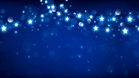 Christmas background consist of fairy lights as star shape with magic particle falling down on dark blue backgroundのイラスト素材