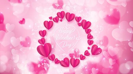 Valentine's Day background consist of a heart flower garland and sweet background color inside contain many  shape of bokeh such as heart,circle and blurのイラスト素材