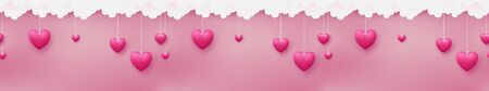 Horizontal seamless consists of pink hearts are hanging by paper craft clouds on pastel pink backgroundのイラスト素材