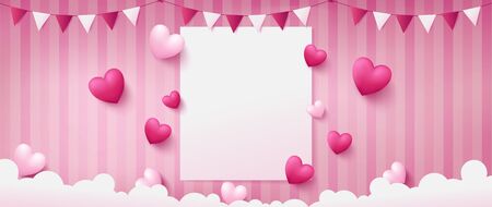 banner of sweet pink background consist two tone of realist heart shapes located beside paper in middle and paper craft stuffs are bunting and cloudsのイラスト素材