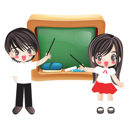 boy and girl drawing on the blackboard with chalk. vector illustrationのイラスト素材