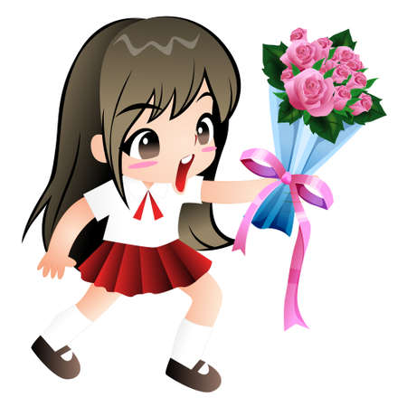girl giving flowers vector cartoon clipart clipart anime cute character cartoon model emotion, illustration drawing kawaii manga design idea  download artのイラスト素材