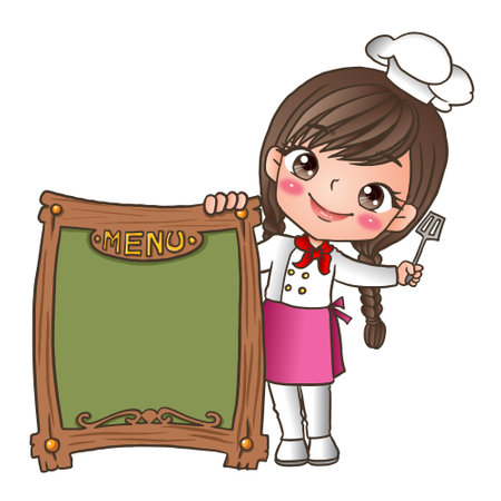 Illustration of a Little Girl Chef Holding a Spatula and a Menu Boardのイラスト素材