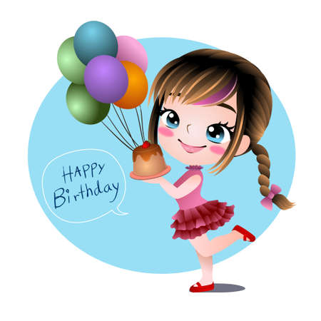 girl birthday cake balloons girls happy love vector cartoon clipart anime cute character model emotion illustration drawing kawaii manga design idea  download artのイラスト素材