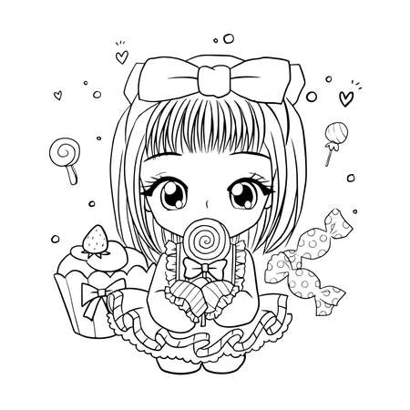 coloring page cartoon lineart cute kawaii manga illustration clipart kid drawing characterのイラスト素材