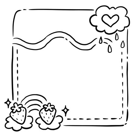 Black and white hand drawn doodle frame with hearts, rain and rainbowのイラスト素材