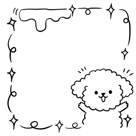 Black and white frame with cute cartoon poodle. Copy space. Vector clip art.のイラスト素材