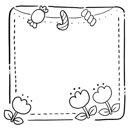 Black and white outline frame with flowers. Copy space. Vector clip art.のイラスト素材