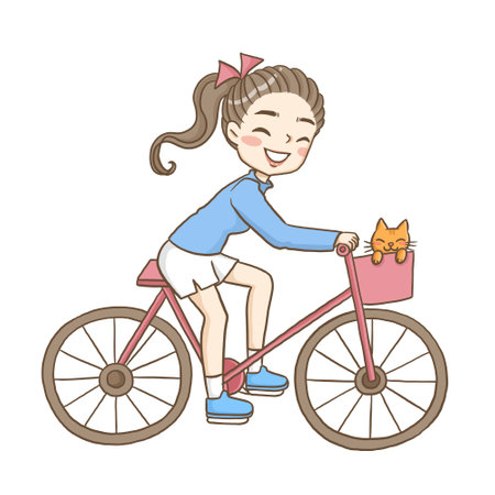Cute girl riding a bicycle with a cat. Vector illustration.のイラスト素材
