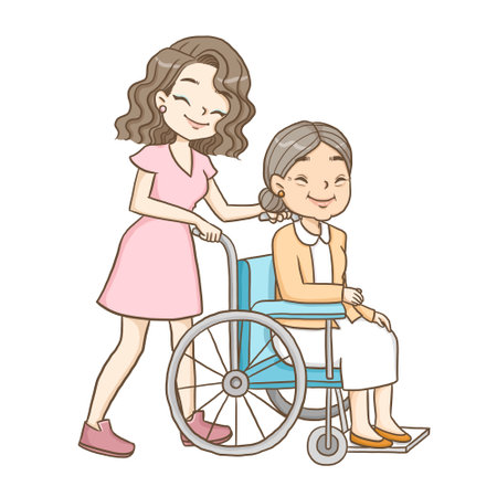 Illustration of a Little Girl Helping Her Grandmother in Wheelchairのイラスト素材