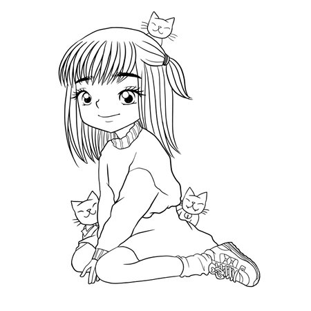 Cute little girl with cats. Vector illustration for coloring book.のイラスト素材
