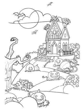 backdrop background halloween cartoon cute doodle coloring page kawaii anime illustration clip art drawing mangaのイラスト素材