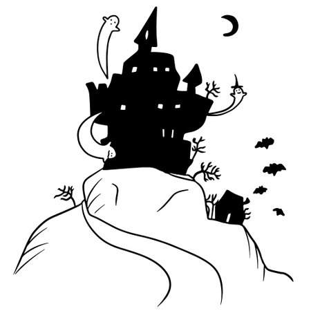 Halloween castle on the hill. Black and white vector illustration.のイラスト素材