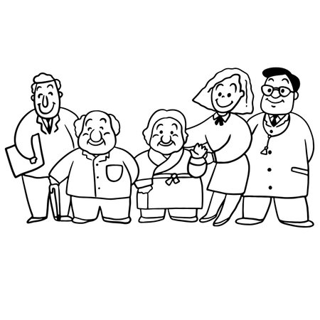 Grandparents With Grandchildren - Black and White Cartoon Illustration, Vectorのイラスト素材
