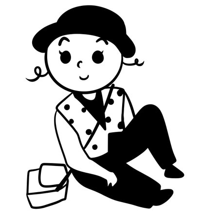 Black and White Cartoon Illustration of a Boy Sitting on the Floorのイラスト素材