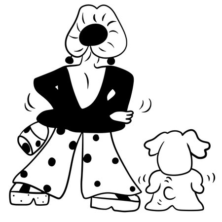 Black and white vector illustration of a woman in polka dot clothes with her dogのイラスト素材