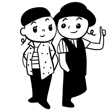 Black and White Cartoon Illustration of Grandmother and Grandson Holding Handsのイラスト素材