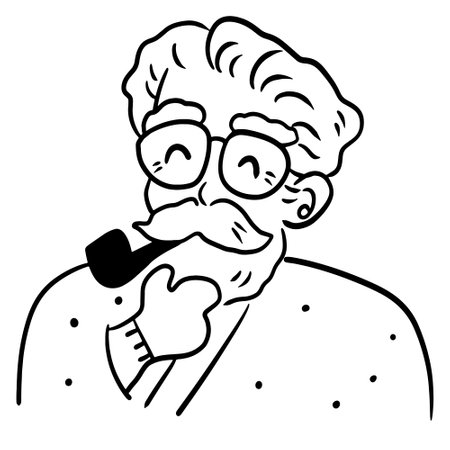 Black and White Cartoon Illustration of Old Man with Beard and Glassesのイラスト素材