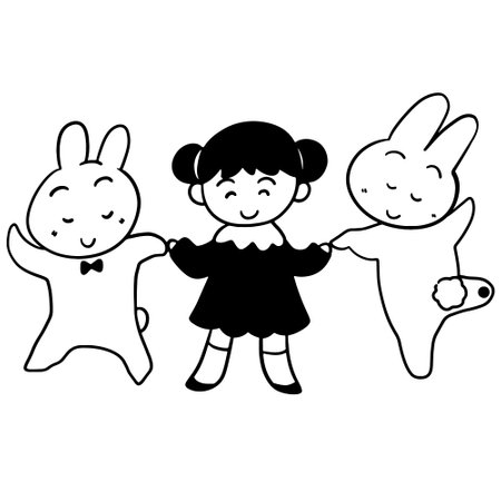 cute little girls with rabbit cartoon vector illustration graphic design in black and whiteのイラスト素材