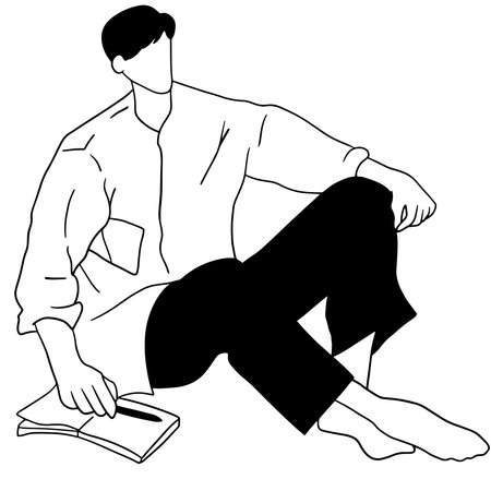Man reading a book sitting on the floor. Black and white vector illustration.のイラスト素材