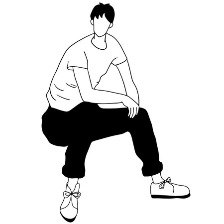 young man sitting avatar cartoon character black and white vector illustration graphic designのイラスト素材