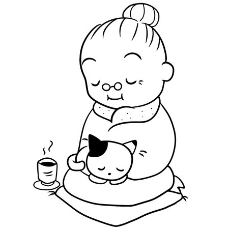 Black and White Cartoon Illustration of Cute Baby Girl Hugging Cat and Drinking Teaのイラスト素材