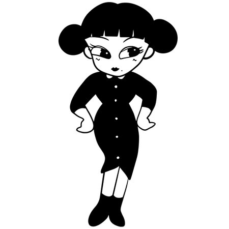 Black and white illustration of a little girl in a black dress.のイラスト素材