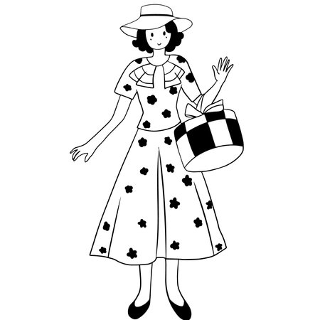 young woman with gift box cartoon vector illustration graphic design in black and whiteのイラスト素材