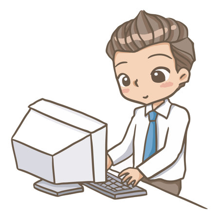 Young businessman working at the computer. Vector illustration on white background.のイラスト素材