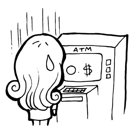 Hand drawn vector illustration of a woman using an atm machine.のイラスト素材