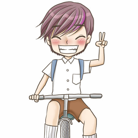 Illustration of a boy riding a bicycle and showing peace sign.のイラスト素材