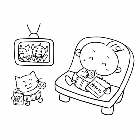 Coloring Page Outline Of cartoon cat reading a book on TV.のイラスト素材