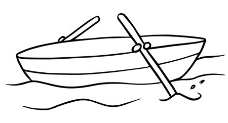 Black and white illustration of a wooden rowing boat on the waterのイラスト素材