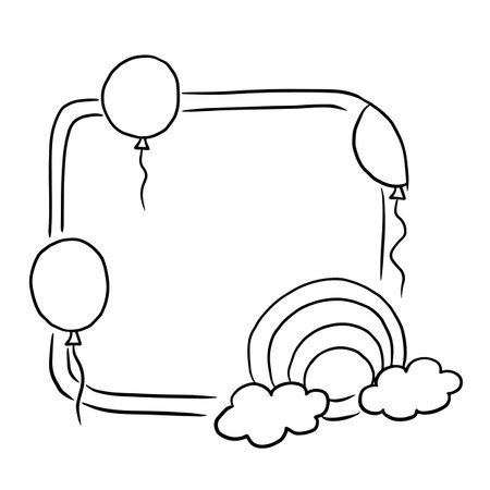 Frame with balloons and clouds. Black and white vector illustration for coloring book.のイラスト素材
